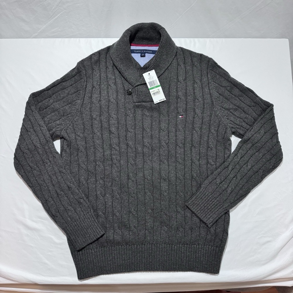 NWT Tommy Hilfiger Shawl Collar Cotton Wool Sweater Dark Ash Grey Mens Large